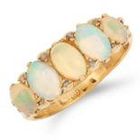 ANTIQUE OPAL AND DIAMOND FIVE STONE RING set with five cabochon opals and diamond sparks, size n /