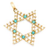 TURQUOISE AND PEARL STAR PENDANT set with pearls and cabochon turquoise, 4.5cm, 11.1g.
