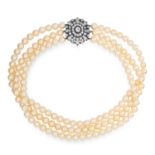 PEARL AND DIAMOND THREE ROW CHOKER NECKLACE, set with an old cut diamond clasp in cluster form,
