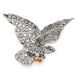 ANTIQUE VICTORIAN DIAMOND AND RUBY EAGLE PIN set with rose cut diamonds and a round cut ruby, 2.3cm,