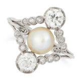 NATURAL SALTWATER PEARL AND DIAMOND RING set with a natural saltwater pearl and round cut