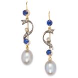 ANTIQUE PEARL, SAPPHIRE AND DIAMOND EARRINGS set with round cut sapphires and rose cut diamonds,
