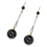 ONYX AND DIAMOND EARRINGS set with old cut diamonds, suspending black onyx beads of 12.2mm, 5.0cm,