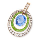 ANTIQUE SAPPHIRE, DEMANTOID GARNET AND DIAMOND PENDANT set with a cushion cut sapphire of