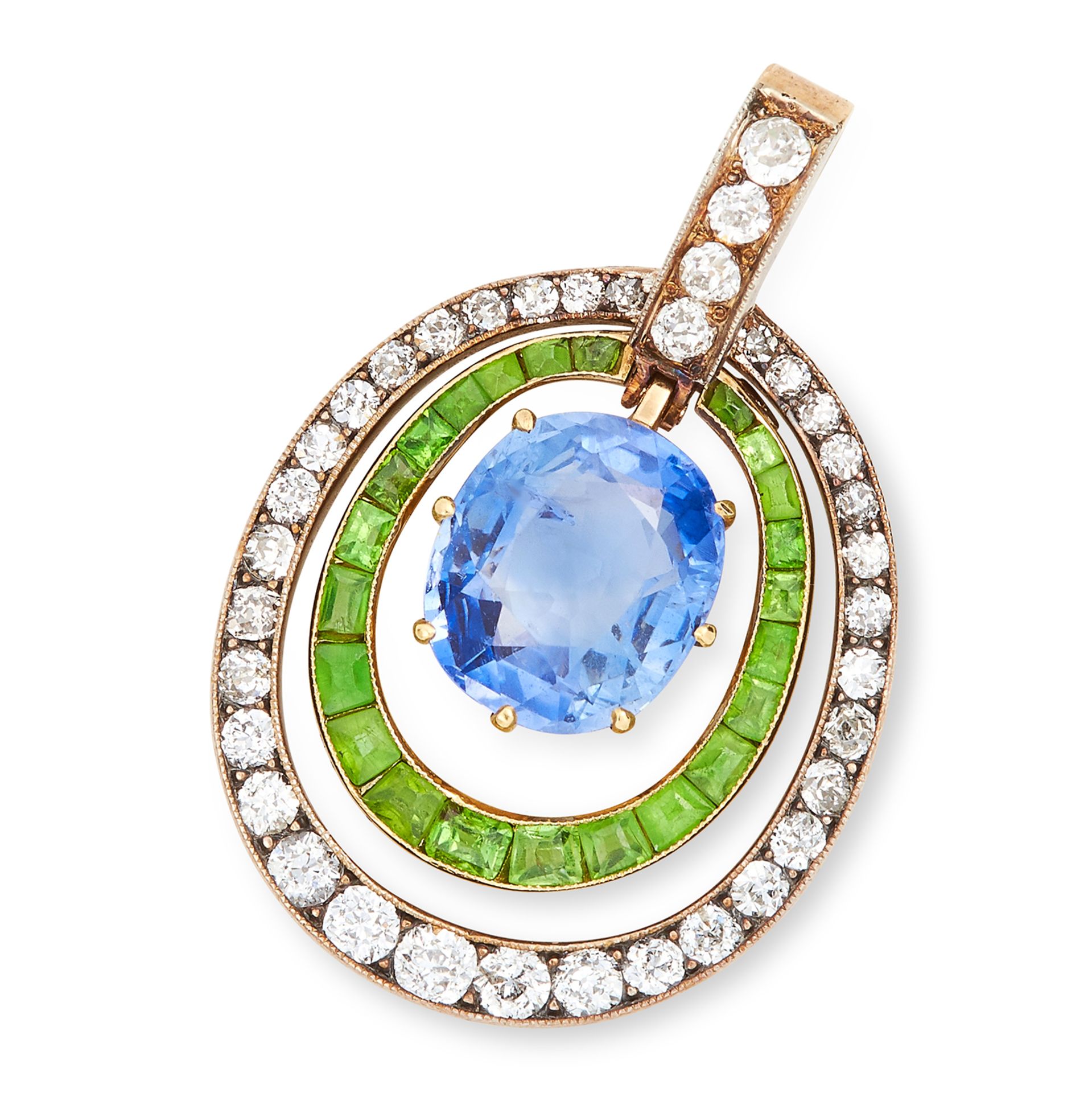 ANTIQUE SAPPHIRE, DEMANTOID GARNET AND DIAMOND PENDANT set with a cushion cut sapphire of