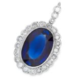 ANTIQUE SYNTHETIC SAPPHIRE AND DIAMOND PENDANT set with an oval cut synthetic sapphire and round cut