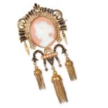 ANTIQUE CARVED CAMEO, PEARL AND ENAMEL BROOCH set with a carved cameo in a border of seed pearls and