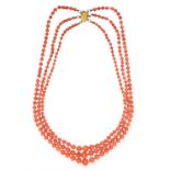 ANTIQUE THREE ROW CORAL BEAD NECKLACE, 19TH CENTURY comprising three rows of coral beads