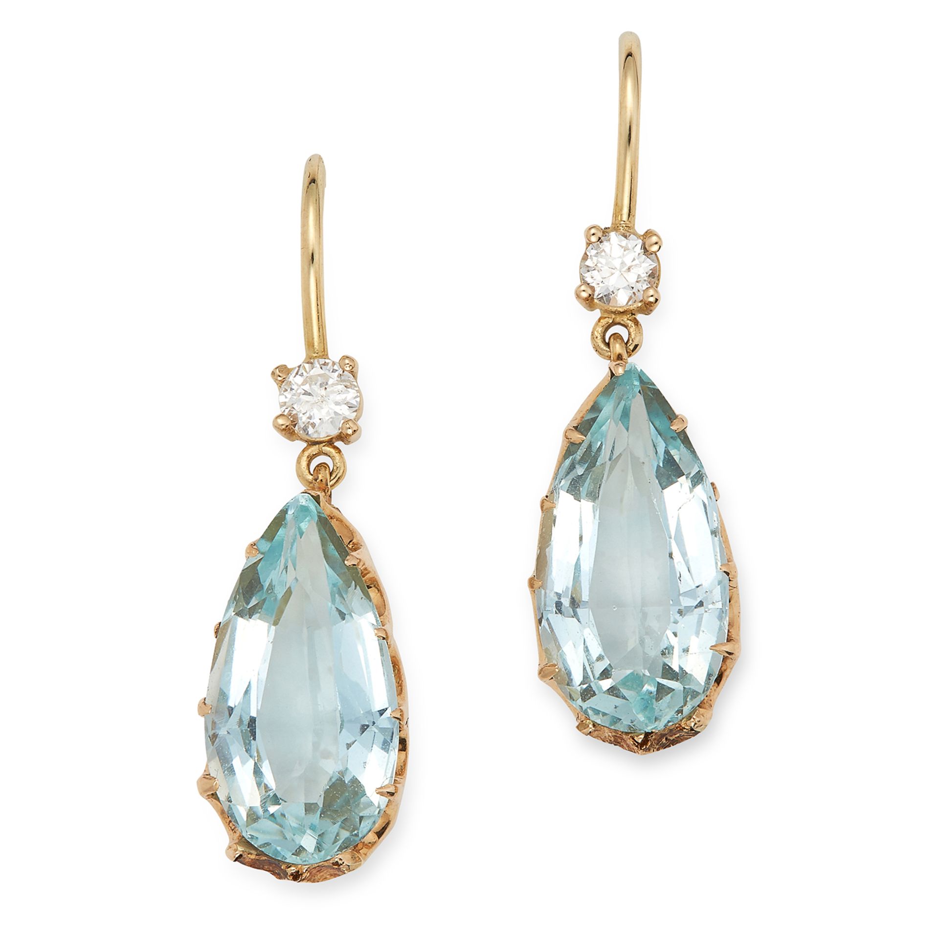 AQUAMARINE AND DIAMOND EARRINGS each set with a round cut diamond suspending a pear cut