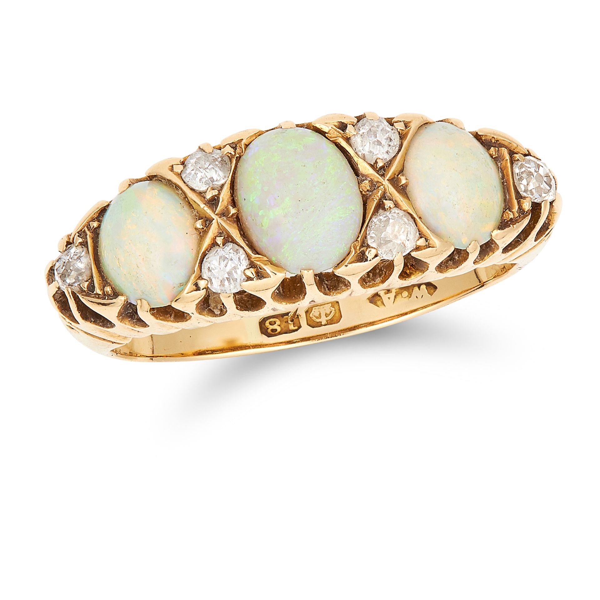 ANTIQUE OPAL AND DIAMOND RING set with three graduated oval cabochon opals and old cut diamonds,