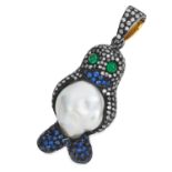 SAPPHIRE, EMERALD, PEARL AND DIAMOND PENGUIN PENDANT set with round cut sapphires and diamond,