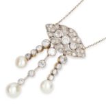 ANTIQUE NATURAL PEARL AND DIAMOND PENDANT, set with transitional cut diamonds and three natural
