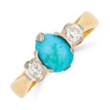 ANTIQUE TURQUOISE AND DIAMOND THREE STONE RING, set with old cut diamonds and a cabochon