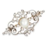 ANTIQUE NATURAL PEARL AND DIAMOND BROOCH set with a natural pearl of 8.1mm within rose and single