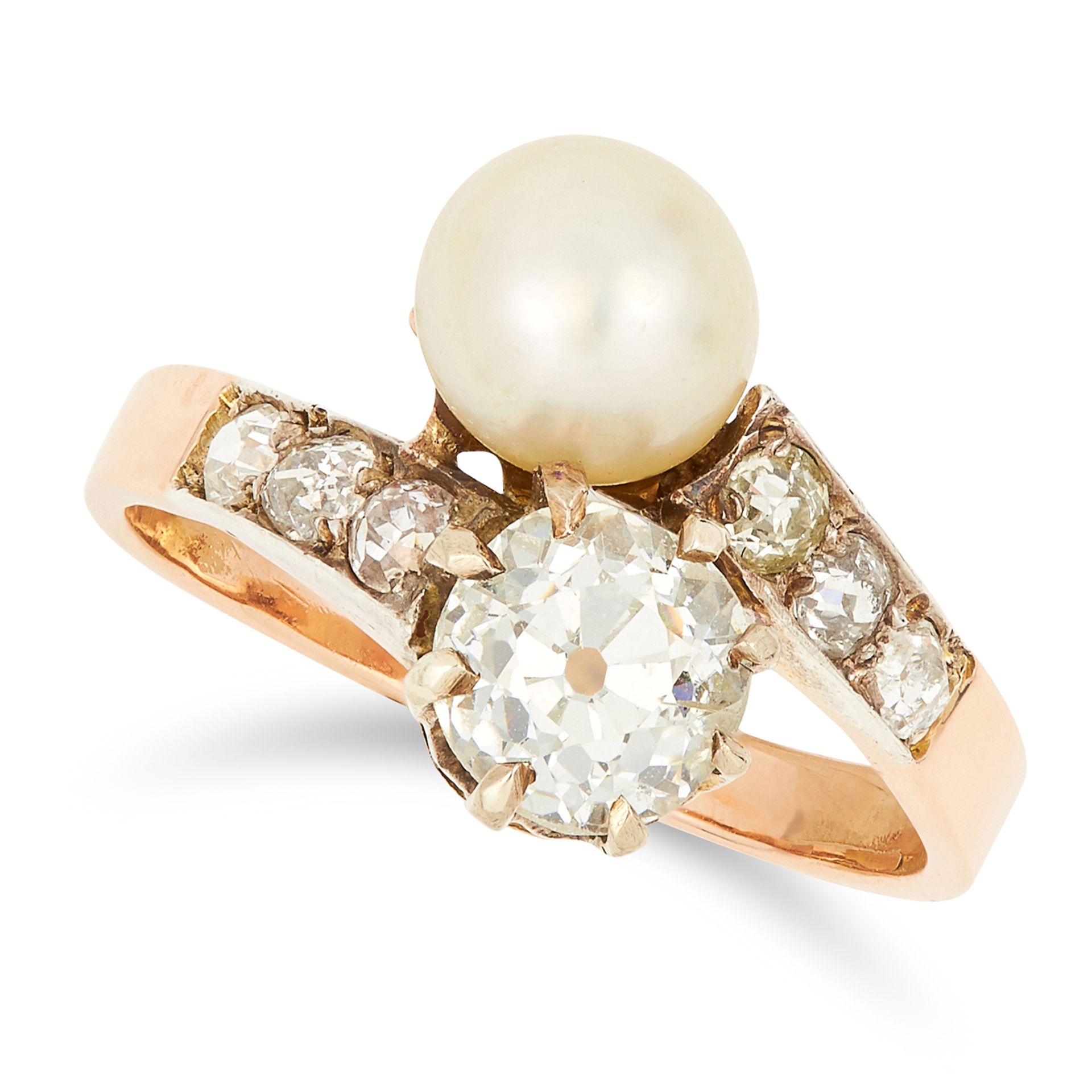 ANTIQUE PEARL AND DIAMOND TOI ET MOI RING set with an old cut diamond of 1.12 carats and a pearl