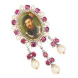 RUBY AND PEARL PORTRAIT MINIATURE BROOCH comprising of a portrait miniature of a man in a border