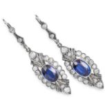 ANTIQUE SAPPHIRE AND DIAMOND EARRINGS in Art Deco style, each set with an oval cut sapphire and