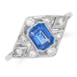 SAPPHIRE AND DIAMOND RING in Art Deco style, set with an emerald cut sapphire of approximately 0.