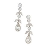 ANTIQUE DIAMOND DROP EARRINGS, in foliate design, set pear cut diamonds of 0.78 and 0.80 carats,