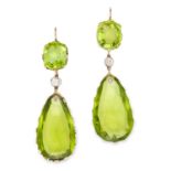 ANTIQUE PERIDOT AND DIAMOND EARRINGS each set with a cushion and pear cut peridot totalling