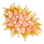 VINTAGE CORAL AND DIAMOND BROOCH, ANDREW GRIMA 1973 set with coral cabochons and round cut diamonds,