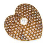 ANTIQUE SEED PEARL AND DIAMOND HEART PENDANT / BROOCH set with seed pearls and a round cut