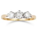 DIAMOND THREE STONE RING set with round cut diamonds, size R / 8.5, 2.1g.