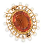 ANTIQUE CITRINE AND PEARL BROOCH set with an oval cut citrine in a border of seed pearls, 3.4cm, 9.