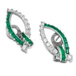 EMERALD AND DIAMOND EARRING AND BROOCH SUITE in open design set with baguette cut emeralds and