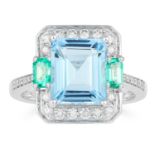 AQUAMARINE, EMERALD AND DIAMOND RING in Art Deco style, set with an emerald cut aquamarine,