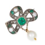 ANTIQUE EMERALD, DIAMOND AND PEARL BOW BROOCH set with round cut diamonds, round and square cut