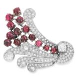 RUBY AND DIAMOND BROOCH in Art Deco design set with cabochon rubies and round cut diamonds, 4.3cm,