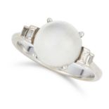 ART DECO MOONSTONE AND DIAMOND RING, set with a cabochon moonstone and baguette diamonds, size N /