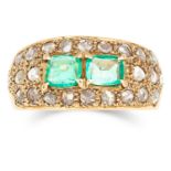 EMERALD AND DIAMOND RING set with two faceted emeralds in a border of rose cut diamonds, size S / 9,