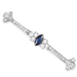 ANTIQUE SAPPHIRE AND DIAMOND BAR BROOCH set with a marquise cut sapphire and old cut diamonds, 6.