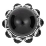 BLACK ONYX RING, ASTRID FOG FOR GEORG JENSEN set with cabochon black onyx, design no.166, size Q /