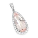 MORGANITE AND DIAMOND PENDANT set with a pear cut morganite in a cluster of round cut diamonds, 2.