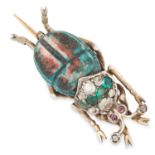 GEM SET SCARAB BROOCH comprised of hardstone body, round cut rubies, emeralds and rose cut diamonds,