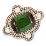 ANTIQUE TOURMALINE, PEARL AND DIAMOND BROOCH set with an oval cushion cut tourmaline of