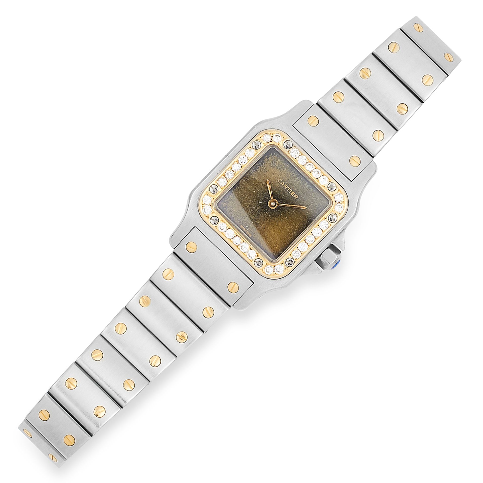 DIAMOND SANTOS LADIES WRISTWATCH in steel with round cut diamond set bezel, 17cm, 52.4g.