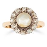 ANTIQUE NATURAL PEARL AND DIAMOND CLUSTER RING set with old cut diamonds and a pearl, size L / 5.