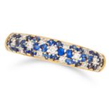 SAPPHIRE AND DIAMOND RING set with round cut sapphires and diamonds in floral motif, size N / 7, 4.