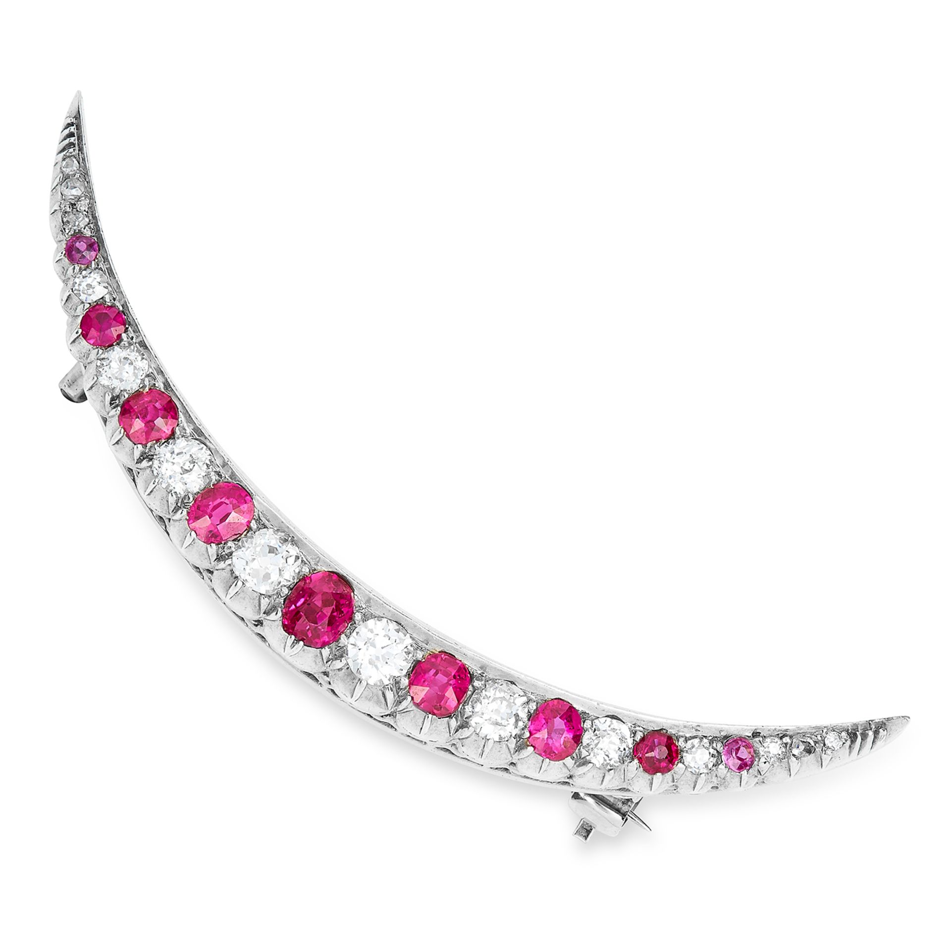 ANTIQUE BURMA NO HEAT RUBY AND DIAMOND CRESCENT BROOCH CIRCA 1897 set with graduated cushion cut