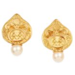 PEARL EARRINGS, ELIZABETH GAGE each set with an decorated gold plaque suspending a pearl, 3cm, 16.