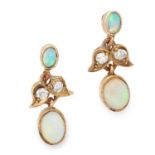 ANTIQUE OPAL AND DIAMOND EARRINGS each set with two cabochon opals and round cut diamonds, 1.6cm,