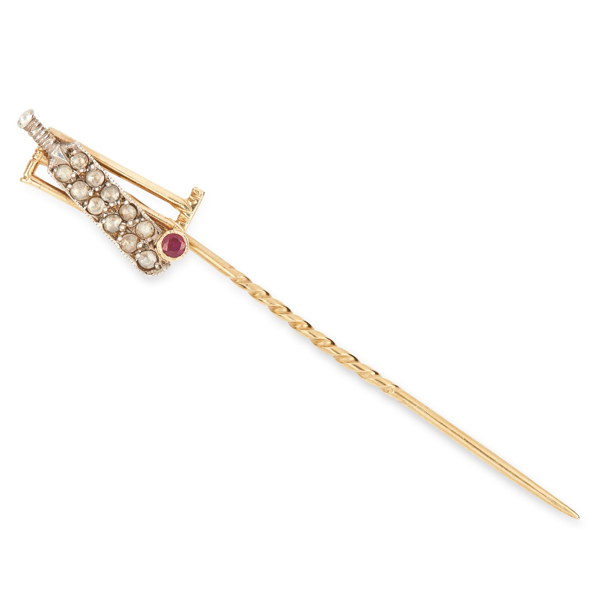 ANTIQUE DIAMOND AND RUBY CRICKET BAT STICK PIN set with a round cut ruby and rose cut diamonds, 6.