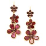 ANTIQUE GARNET FLOWER EARRINGS, 19TH CENTURY set with round and pear cut garnets, 5.1cm, 10.5g.