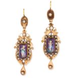 ANTIQUE AMETHYST, PEARL AND ENAMEL EARRING AND PENDANT / BROOCH SUITE each set with faceted purple