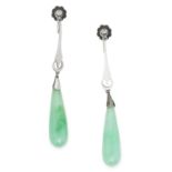 JADE DROP EARRINGS, suspending a jade drop, 5.7cm, 7.8g.