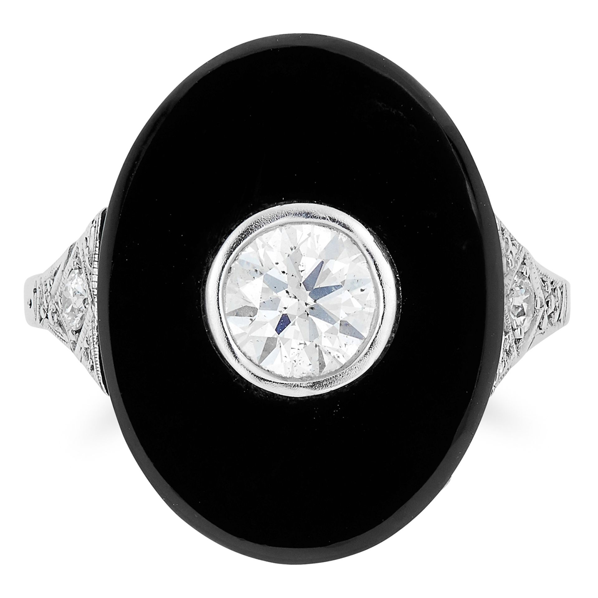 ART DECO ONYX AND DIAMOND RING, set with a transitional cut diamond of 0.67 carats, size M / 6, 5.
